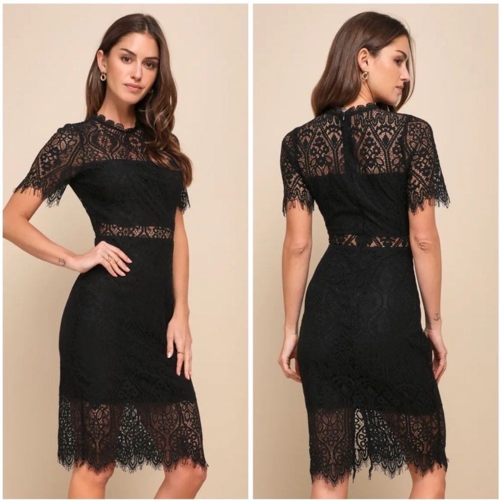 Lulus Black Lace Midi Short Sleeve Dress